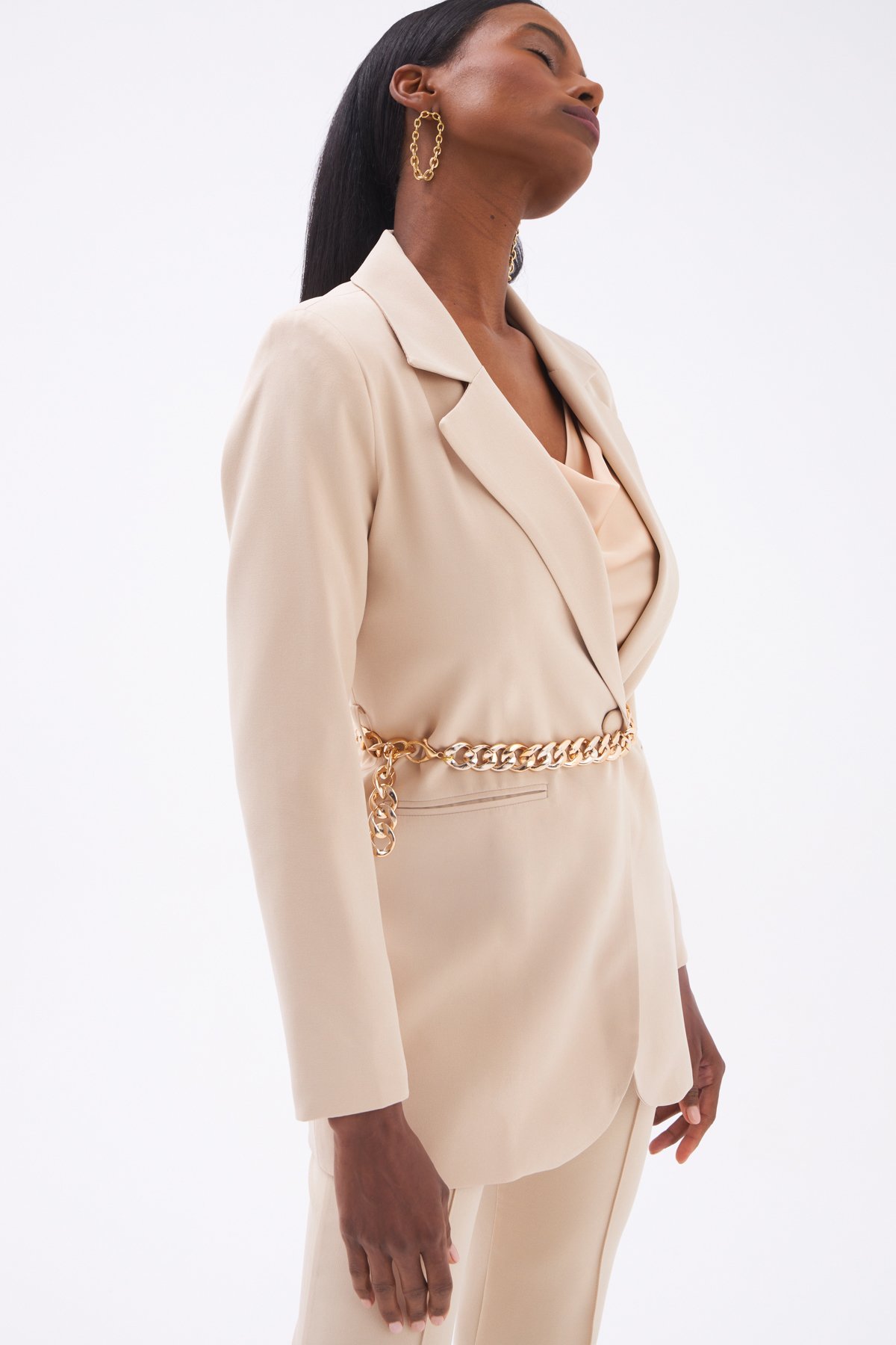 Zincir Kemerli Uzun Ceket - BEJ