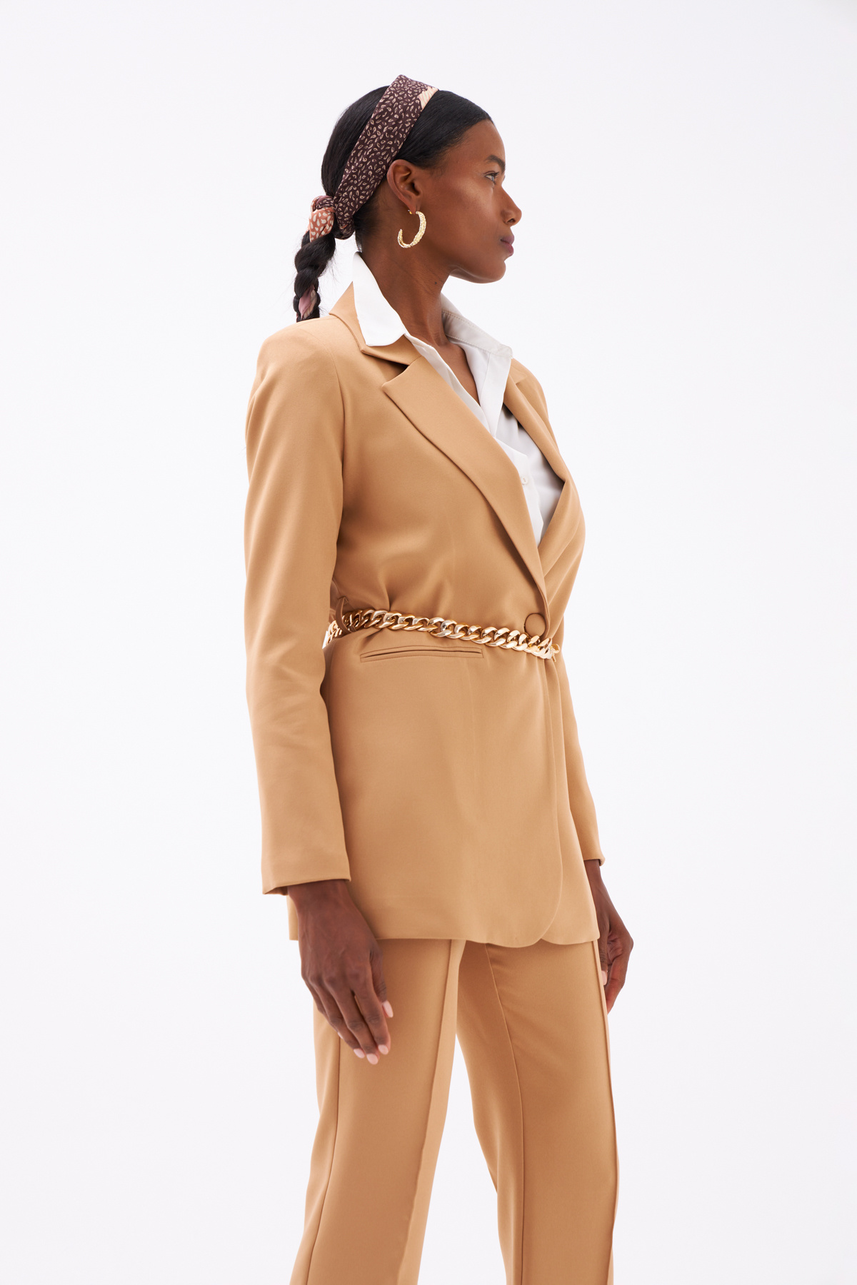 Zincir Kemerli Uzun Ceket - CAMEL