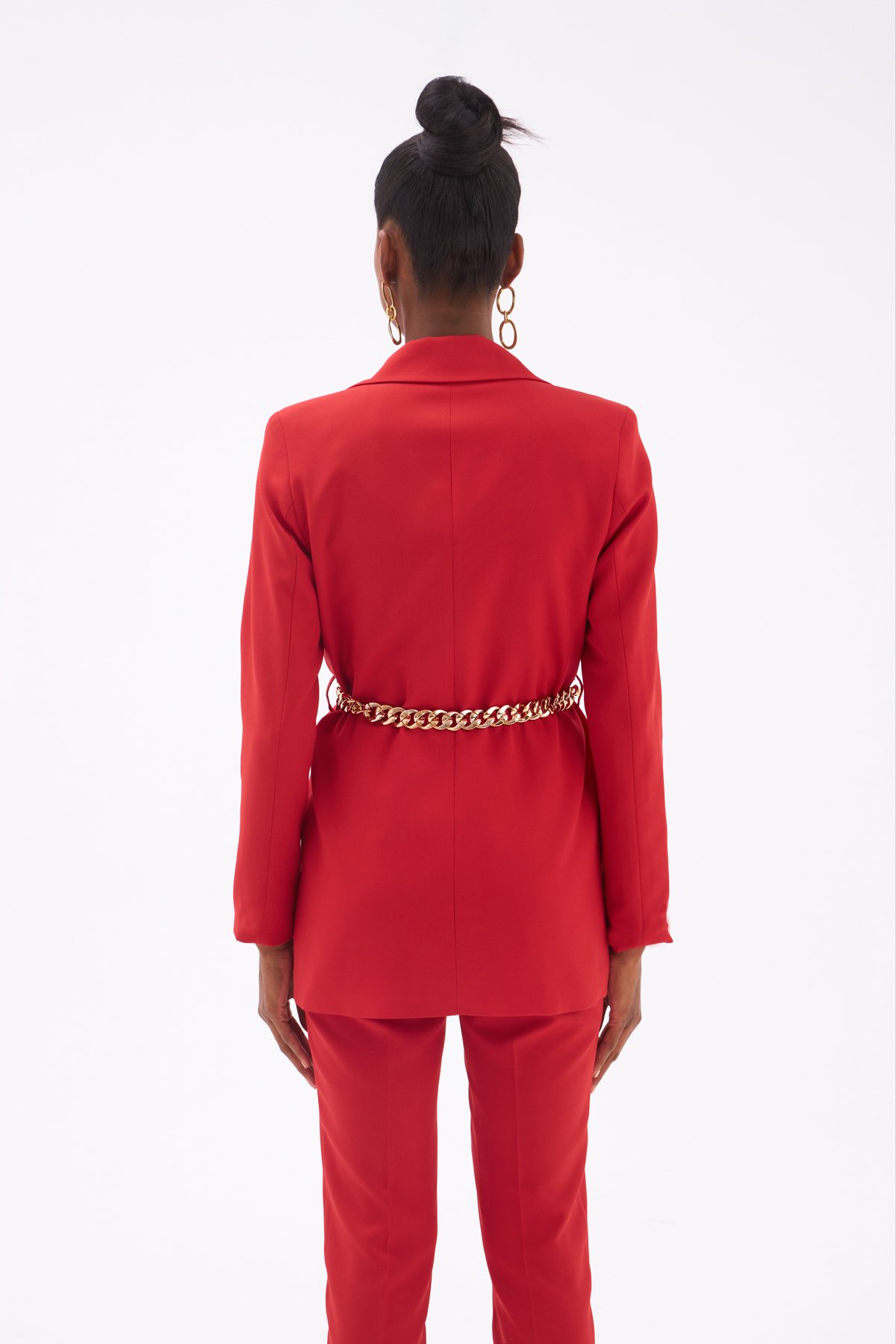 Zincir Kemerli Uzun Ceket - KIRMIZI