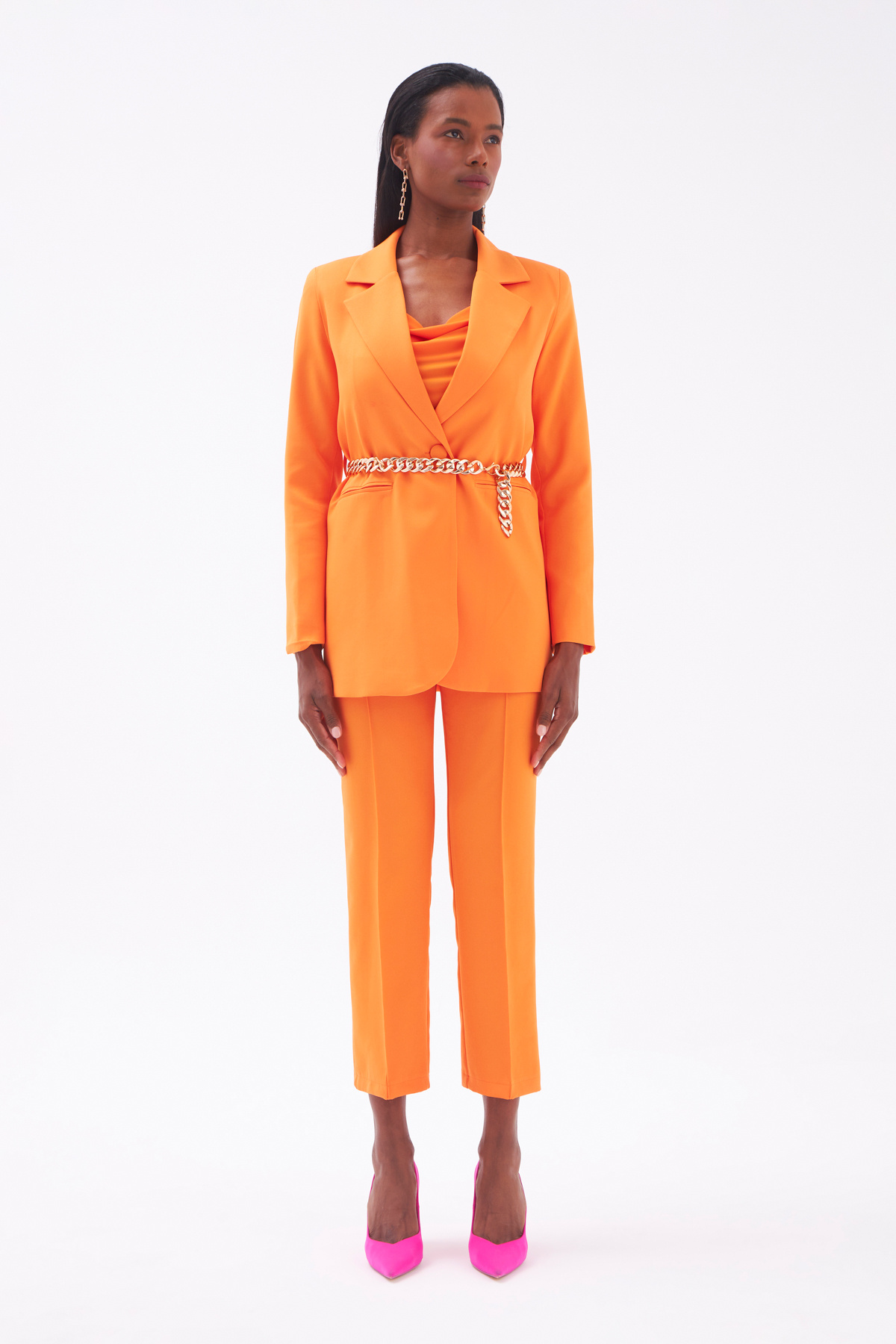 Zincir Kemerli Uzun Ceket - ORANJ