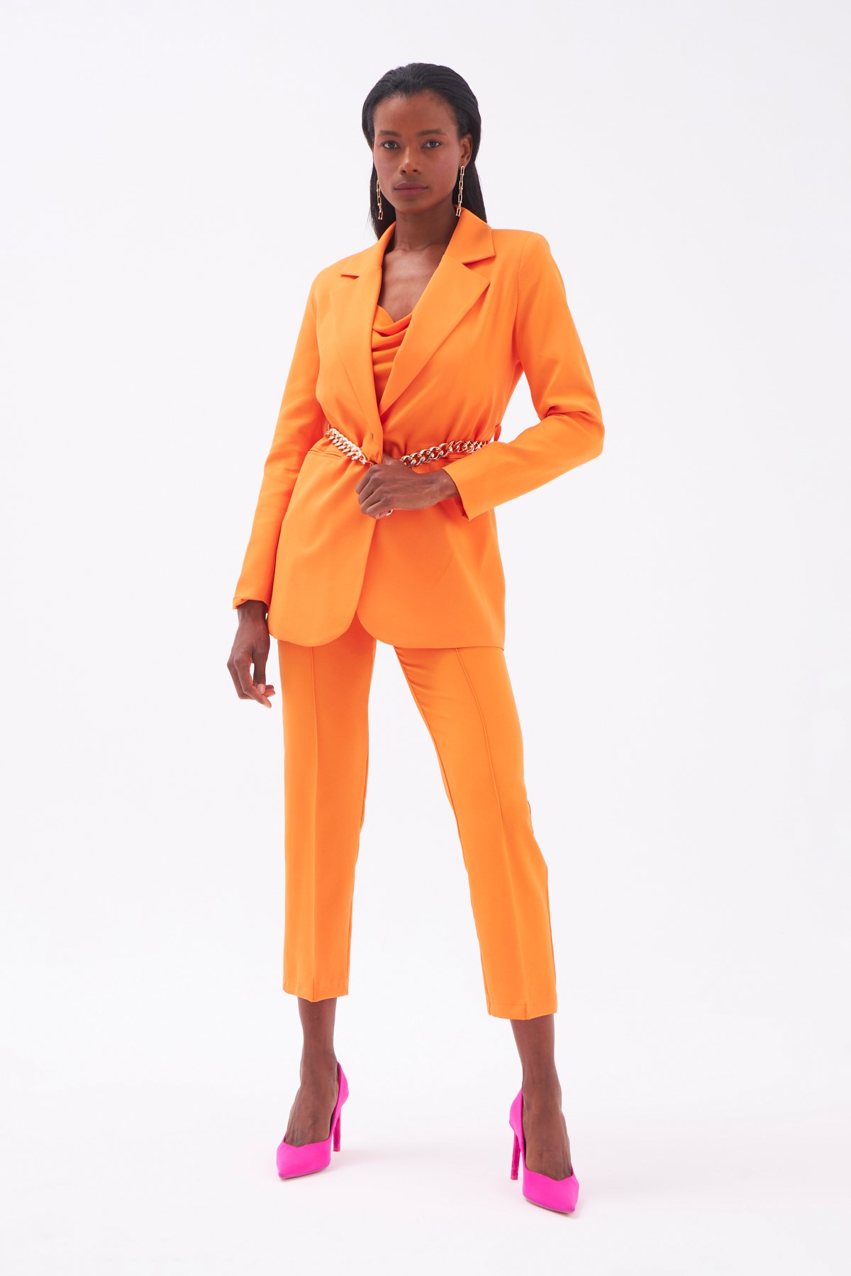 Zincir Kemerli Uzun Ceket - ORANJ