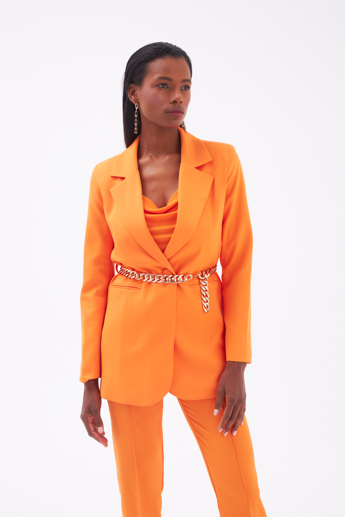 Zincir Kemerli Uzun Ceket - ORANJ
