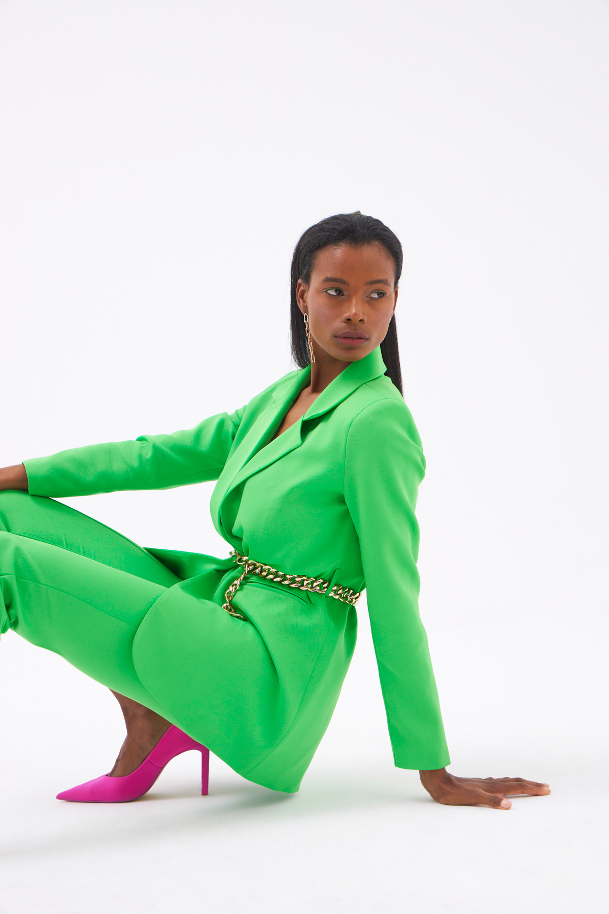 Zincir Kemerli Uzun Ceket - YEŞİL