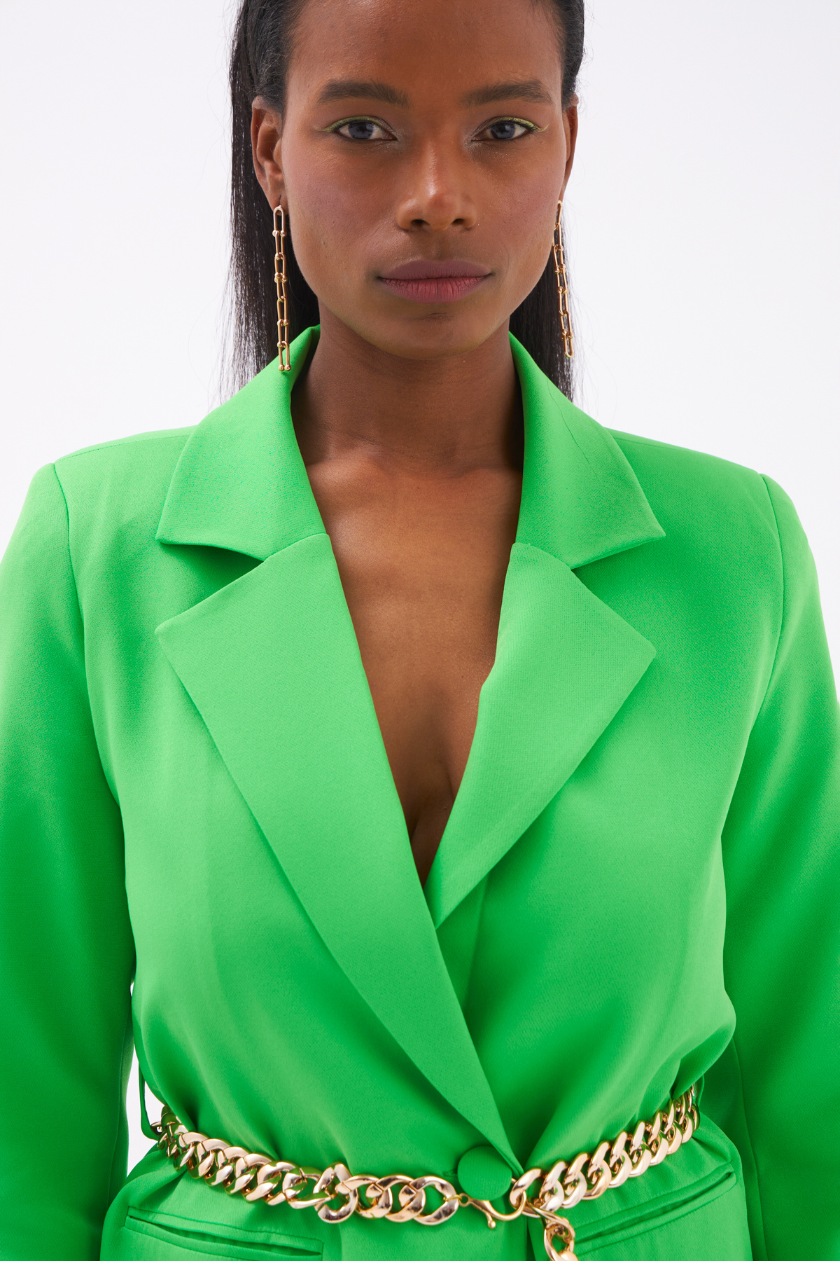 Zincir Kemerli Uzun Ceket - YEŞİL