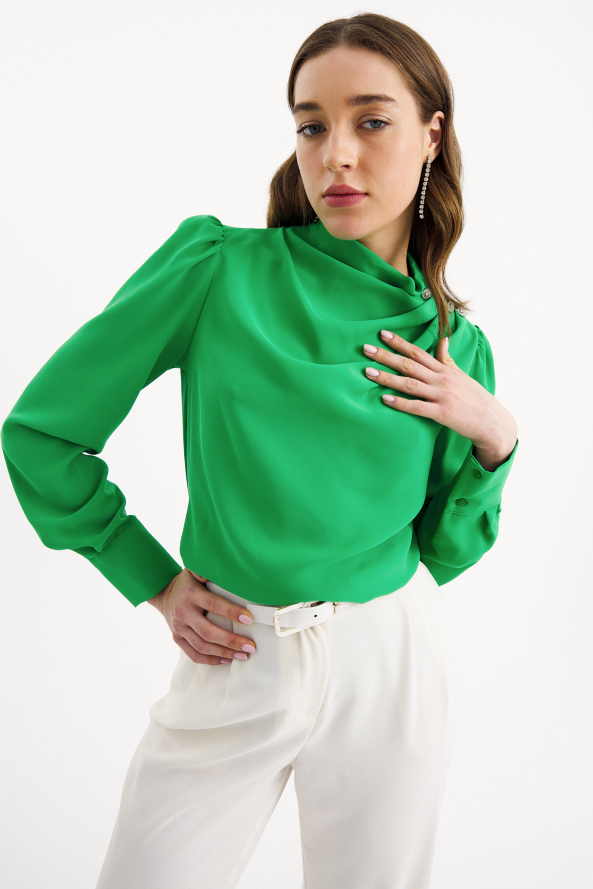 Zirkon süs düğmeli salaş bluz - YEŞİL