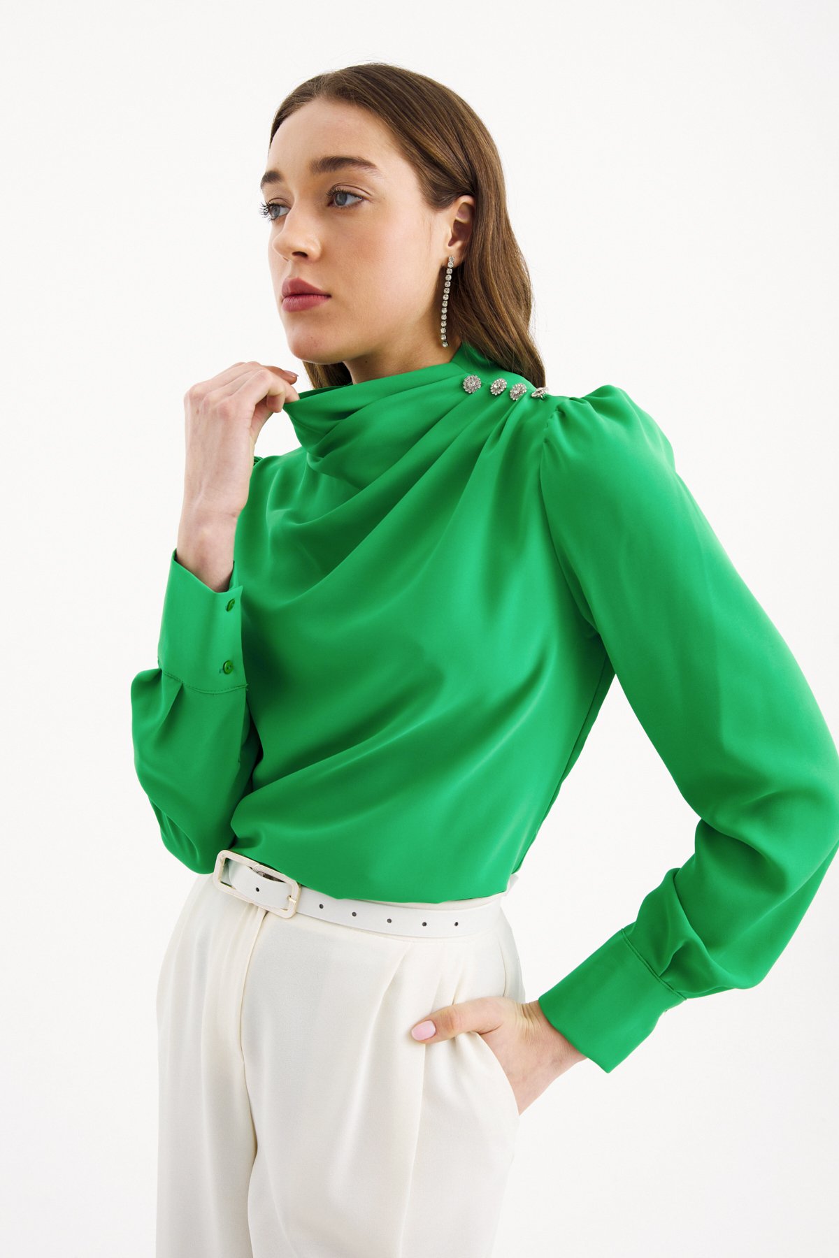 Zirkon süs düğmeli salaş bluz - YEŞİL