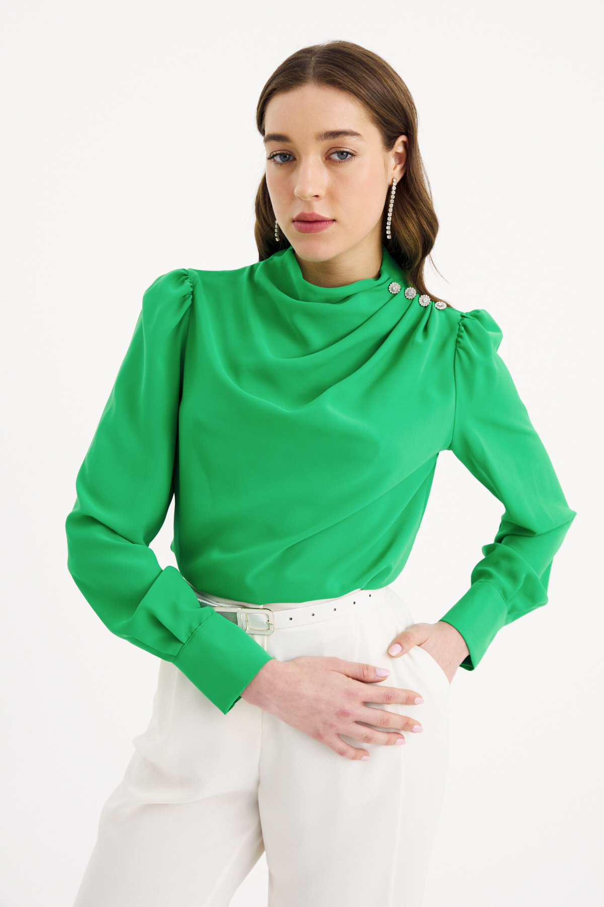 Zirkon süs düğmeli salaş bluz - YEŞİL