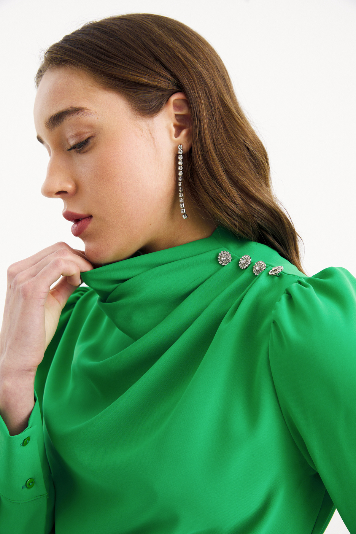 Zirkon süs düğmeli salaş bluz - YEŞİL