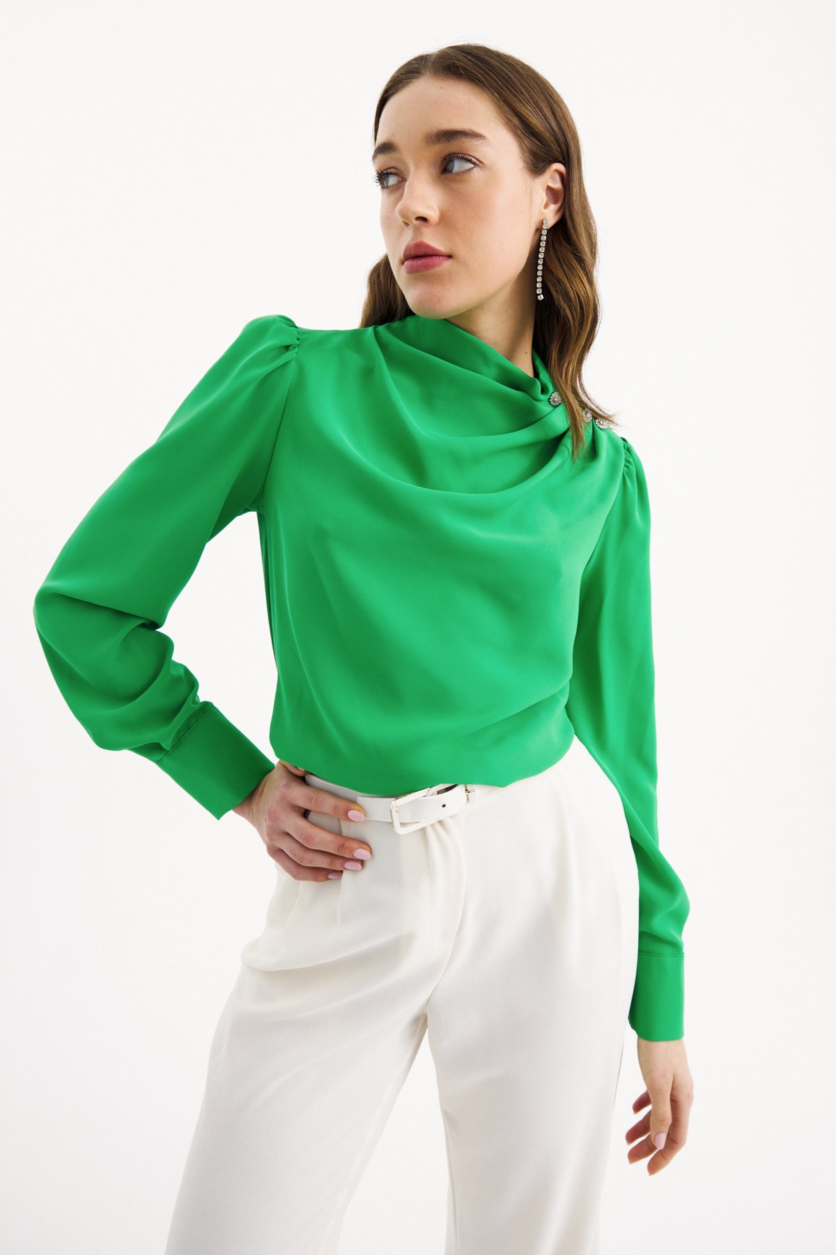 Zirkon süs düğmeli salaş bluz - YEŞİL
