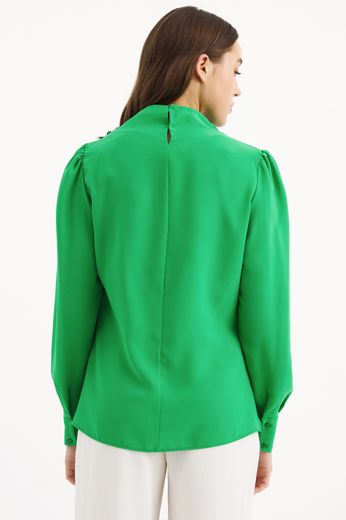 Zirkon süs düğmeli salaş bluz - YEŞİL