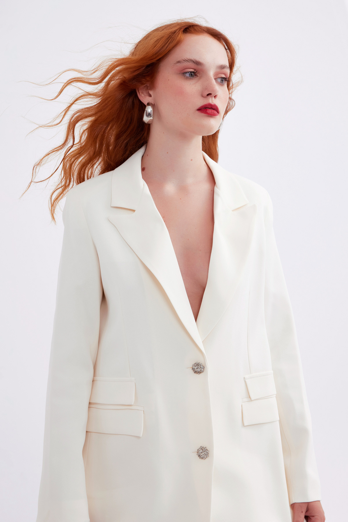 Zircon stone button shabby jacket - ECRU