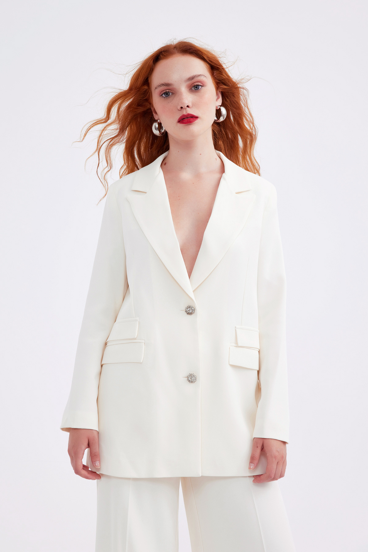 Zircon stone button shabby jacket - ECRU