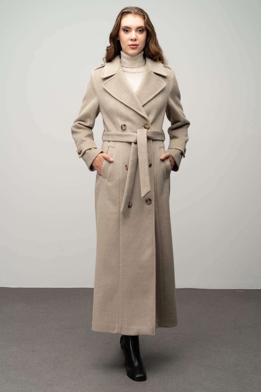 Double-Breasted Long Coat with Epaulette Detail STONE 3056