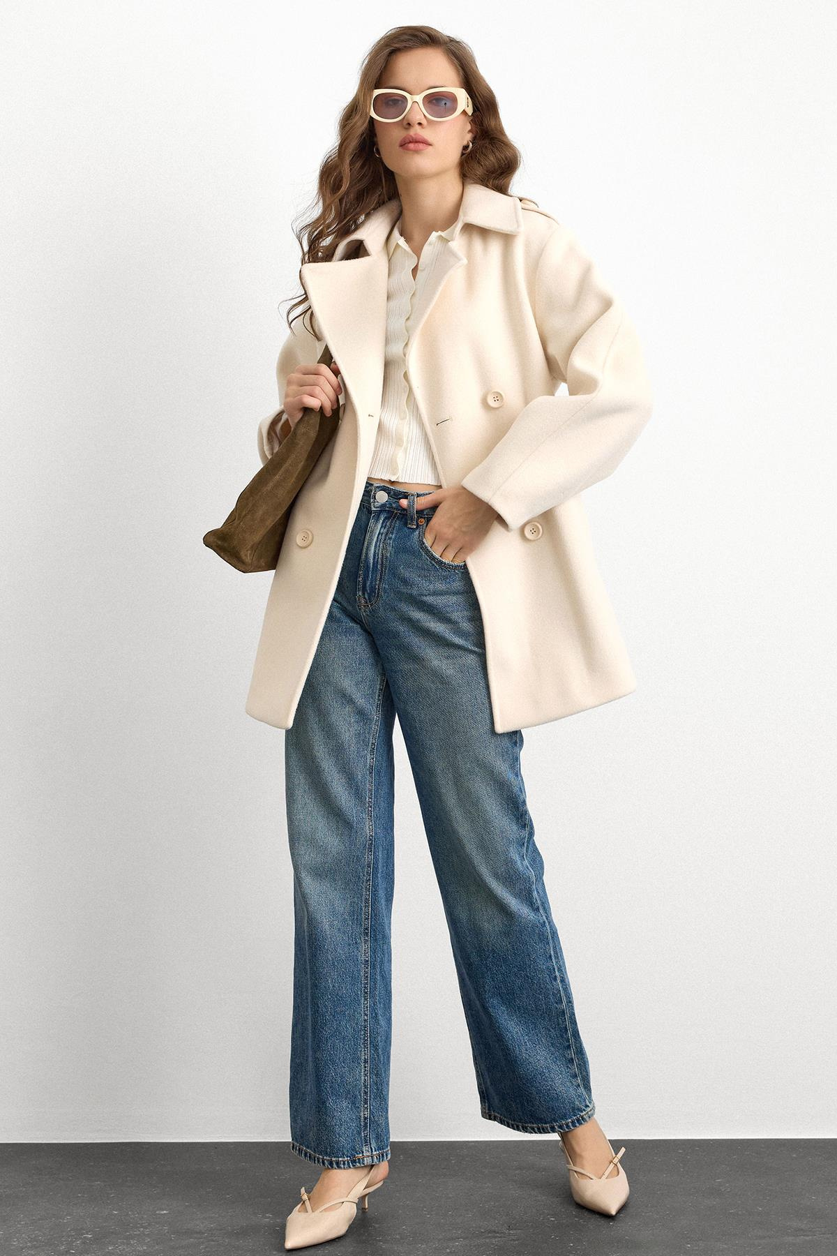 Apolet Detaylı Oversize Kısa Kaban EKRU 3149