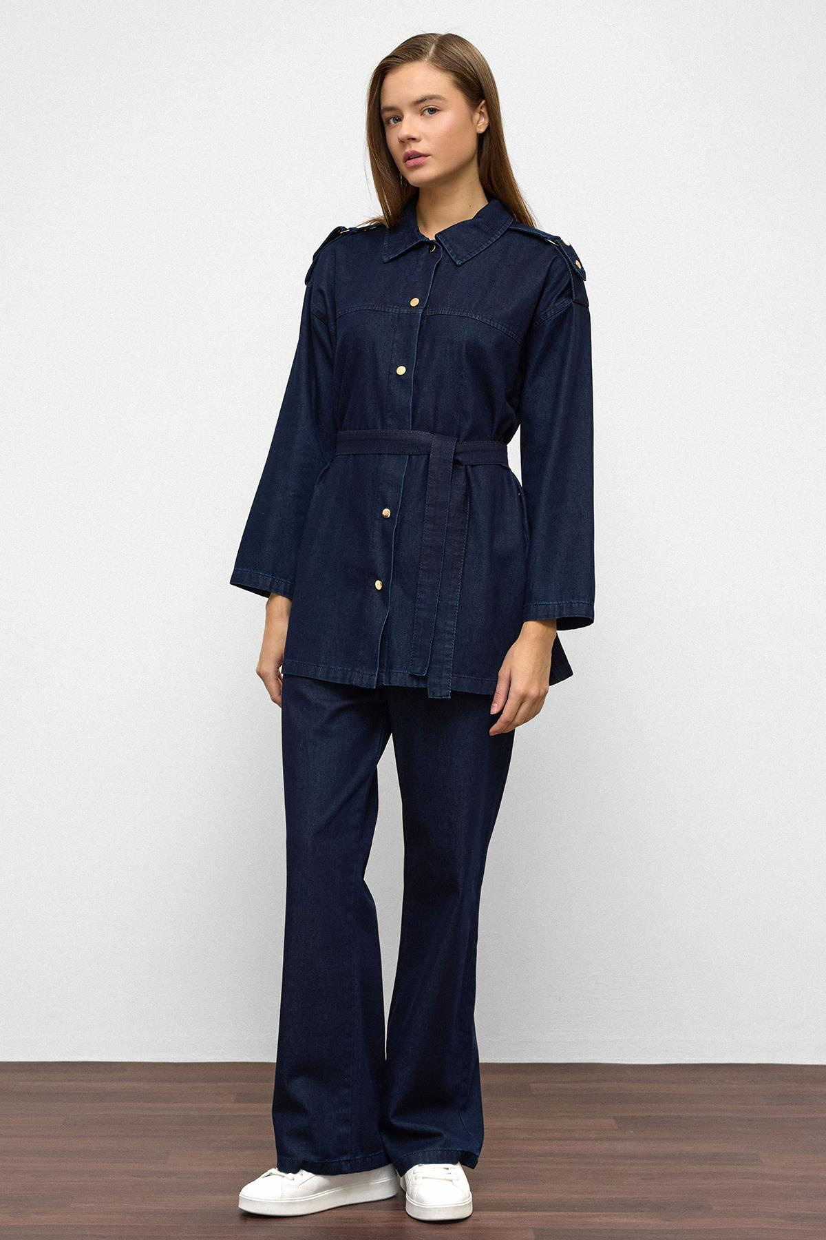 Apolet Detaylı Tunik Pantolon Denim Takım KOYU MAVİ 9381-TK