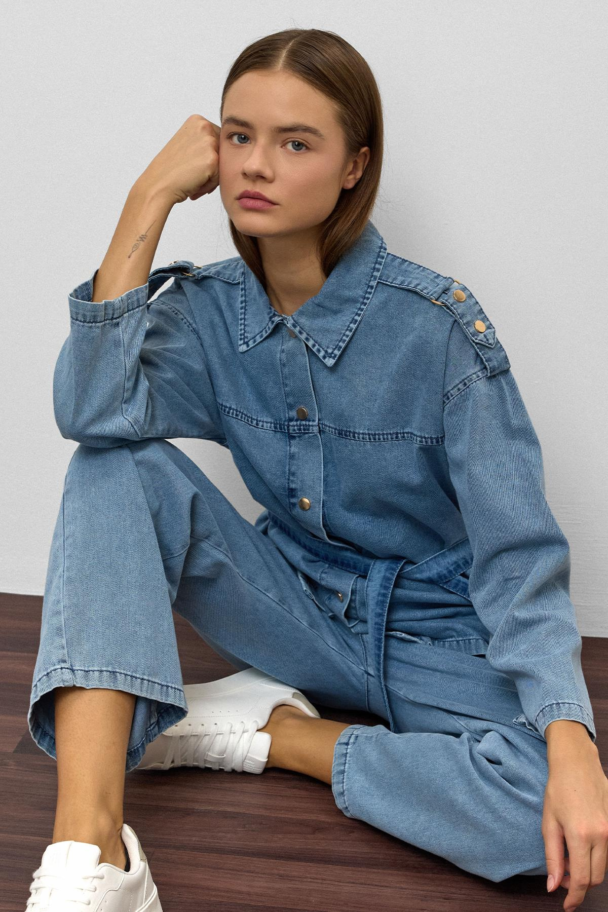 Apolet Detaylı Tunik Pantolon Denim Takım MAVİ 9381-TK