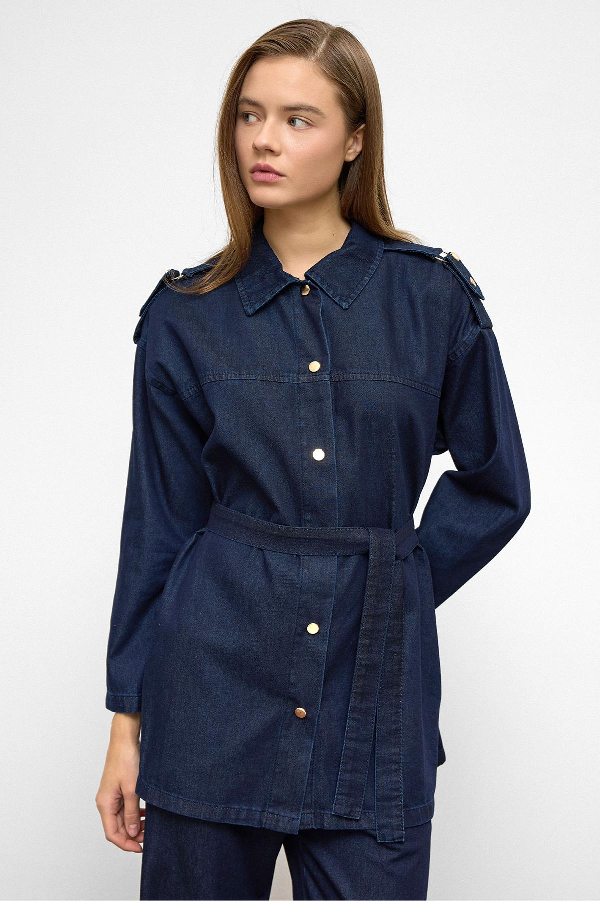 Apolet Detaylı Tunik Pantolon Denim Takım KOYU MAVİ 9381-TK