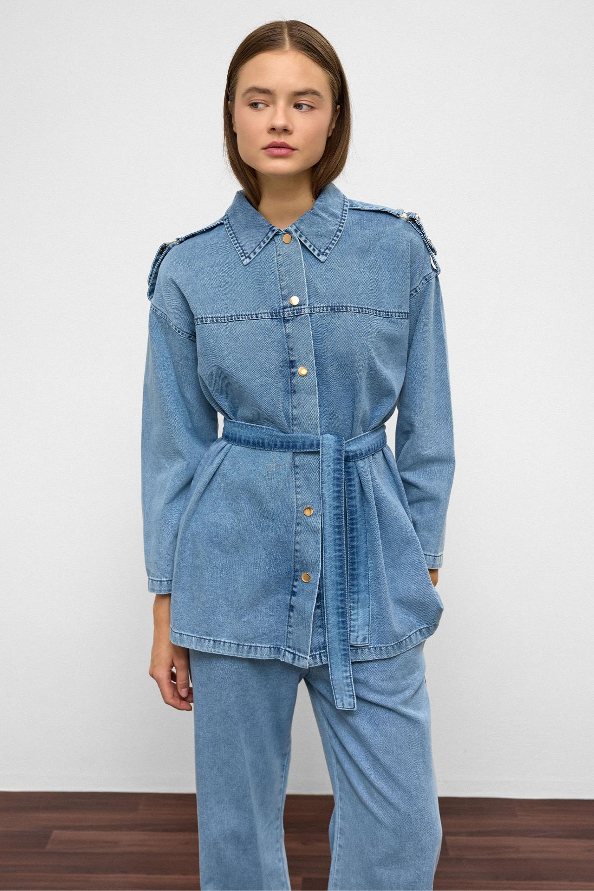 Apolet Detaylı Tunik Pantolon Denim Takım MAVİ 9381-TK