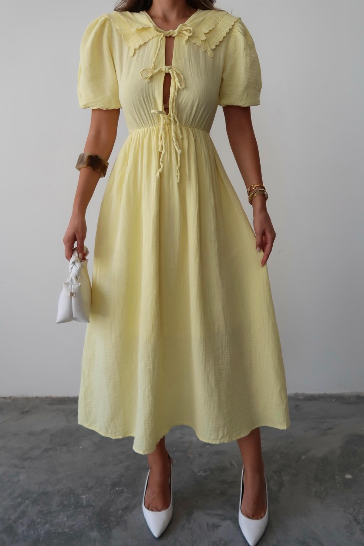 Pleated Muslin Dress with Lace Detail at Waist SARI 9362-E