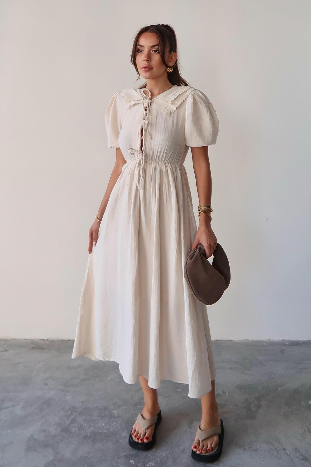 Pleated Muslin Dress with Lace Detail at Waist IVORY 9362-E