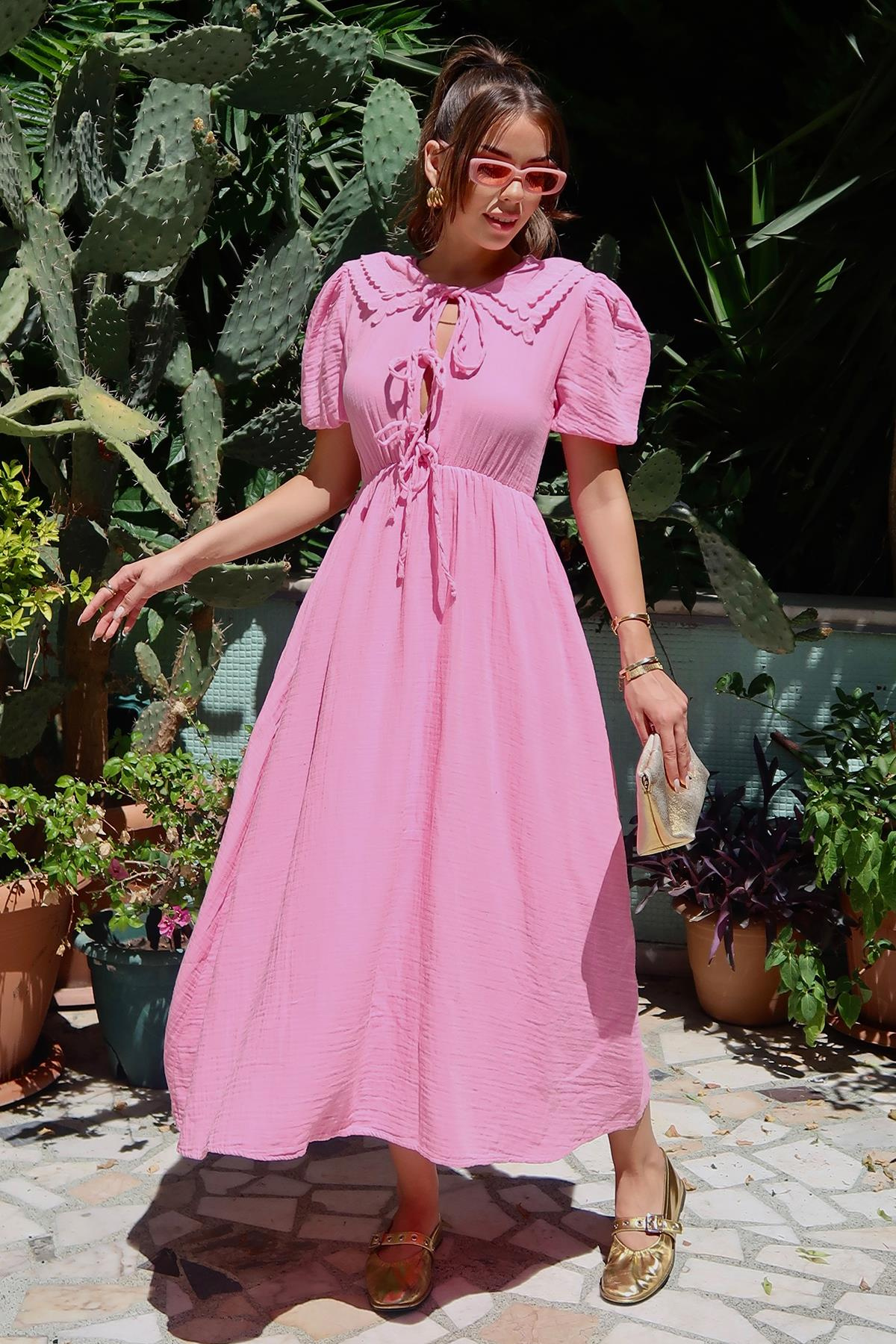 Pleated Muslin Dress with Lace Detail at Waist HORNS 9362-E