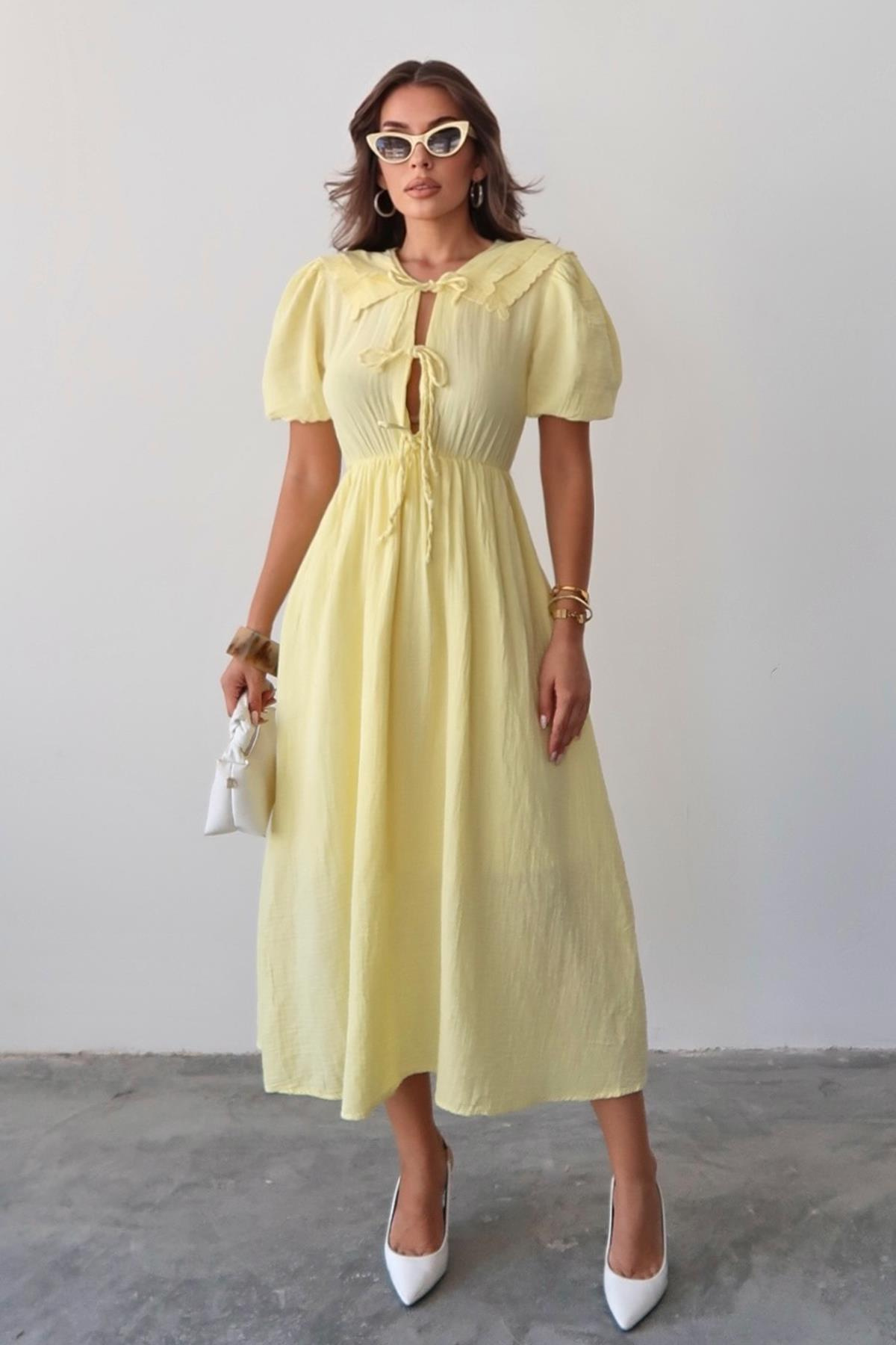 Pleated Muslin Dress with Lace Detail at Waist SARI 9362-E