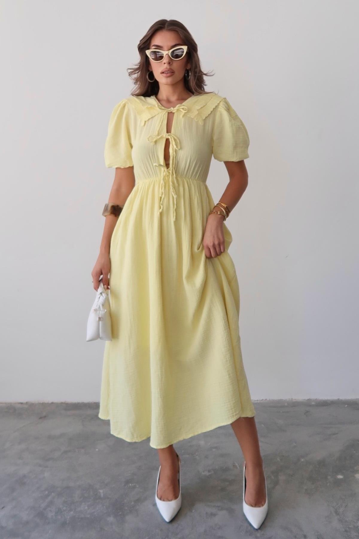 Pleated Muslin Dress with Lace Detail at Waist SARI 9362-E