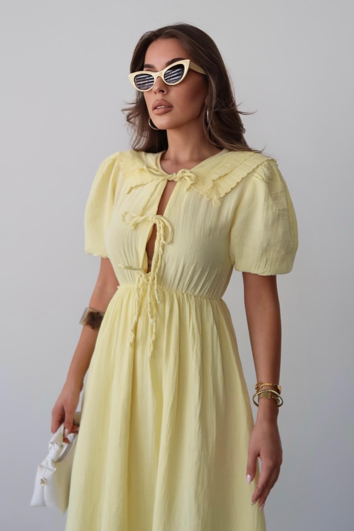 Pleated Muslin Dress with Lace Detail at Waist SARI 9362-E