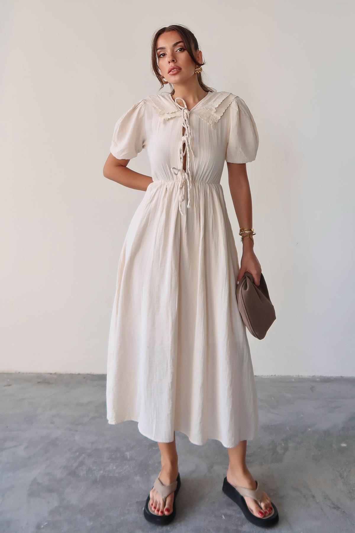 Pleated Muslin Dress with Lace Detail at Waist IVORY 9362-E