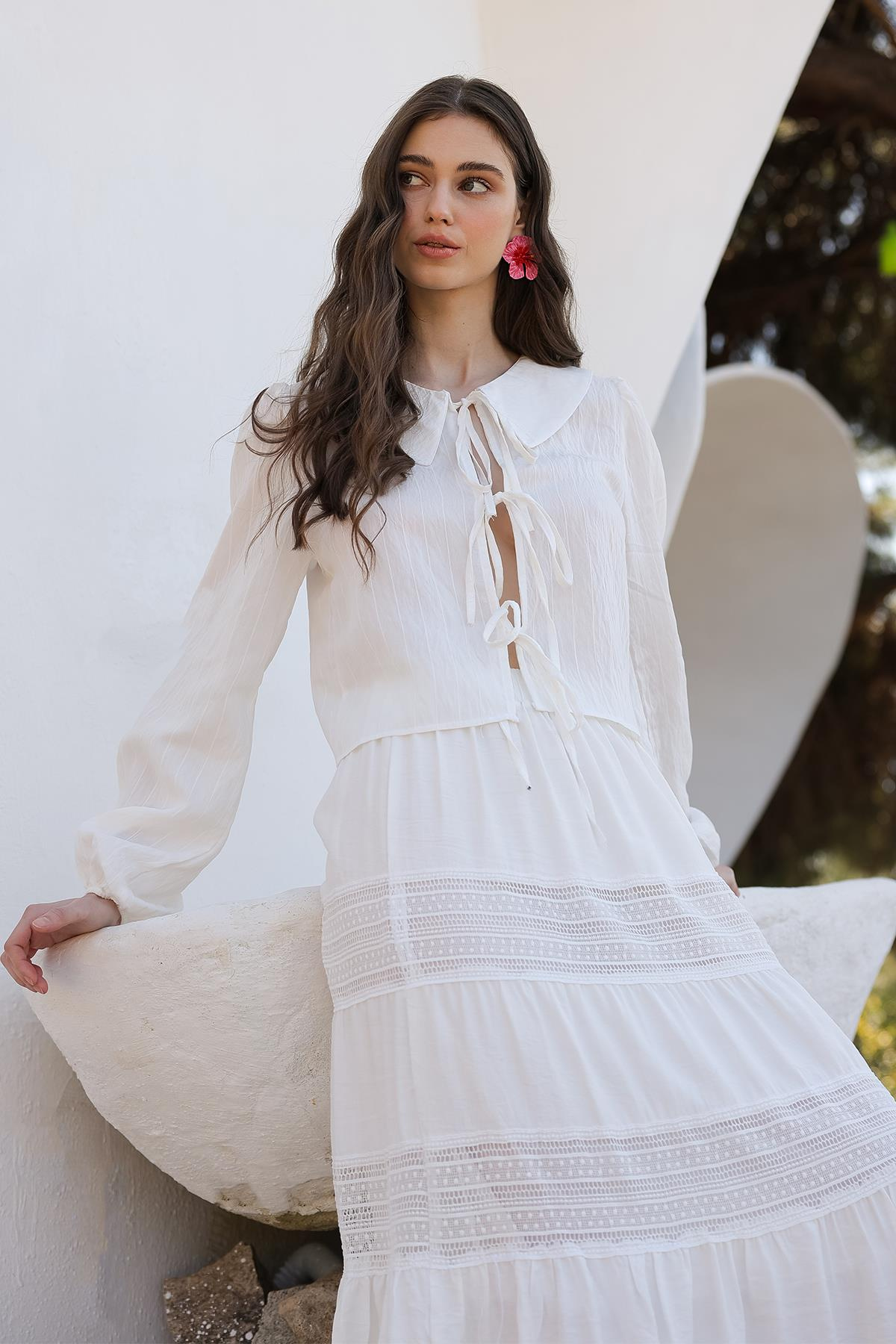 Bağcık Detaylı Crop Gömlek BEYAZ 9314