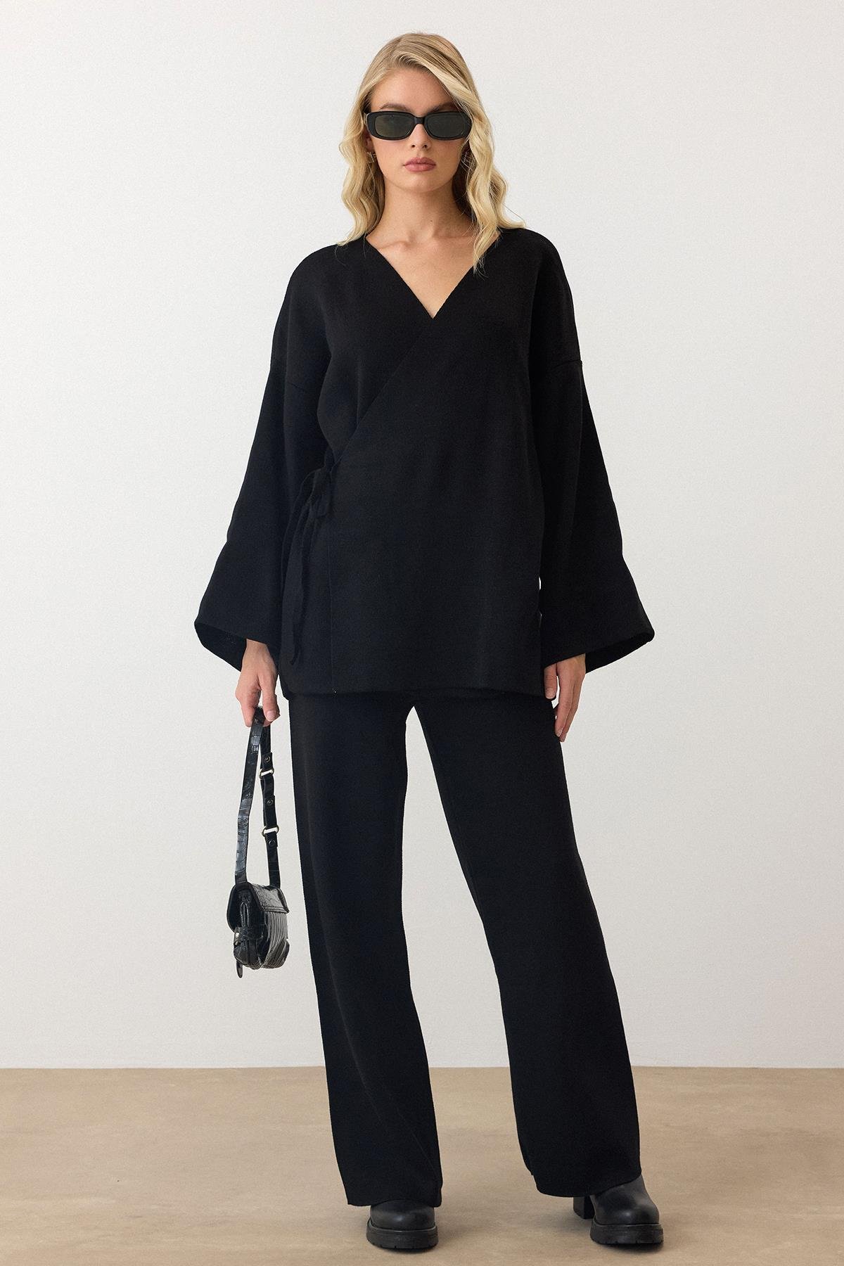 Lace-Up Kimono Trouser Knitwear Set BLACK 9364-TK