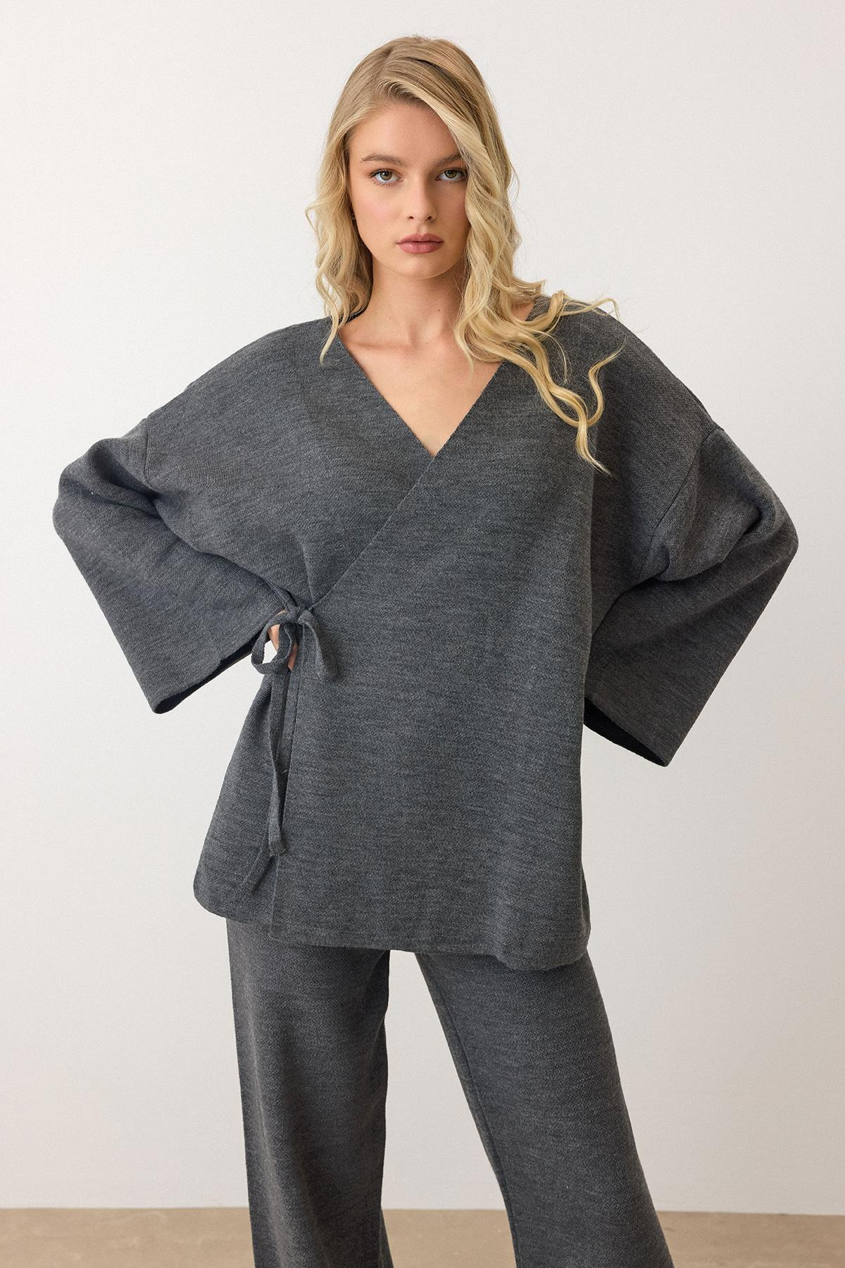 Lace-Up Kimono Trouser Knitwear Set HARD COAL 9364-TK