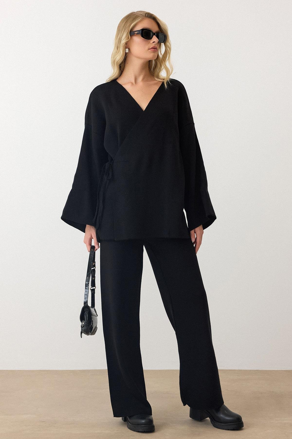 Lace-Up Kimono Trouser Knitwear Set BLACK 9364-TK