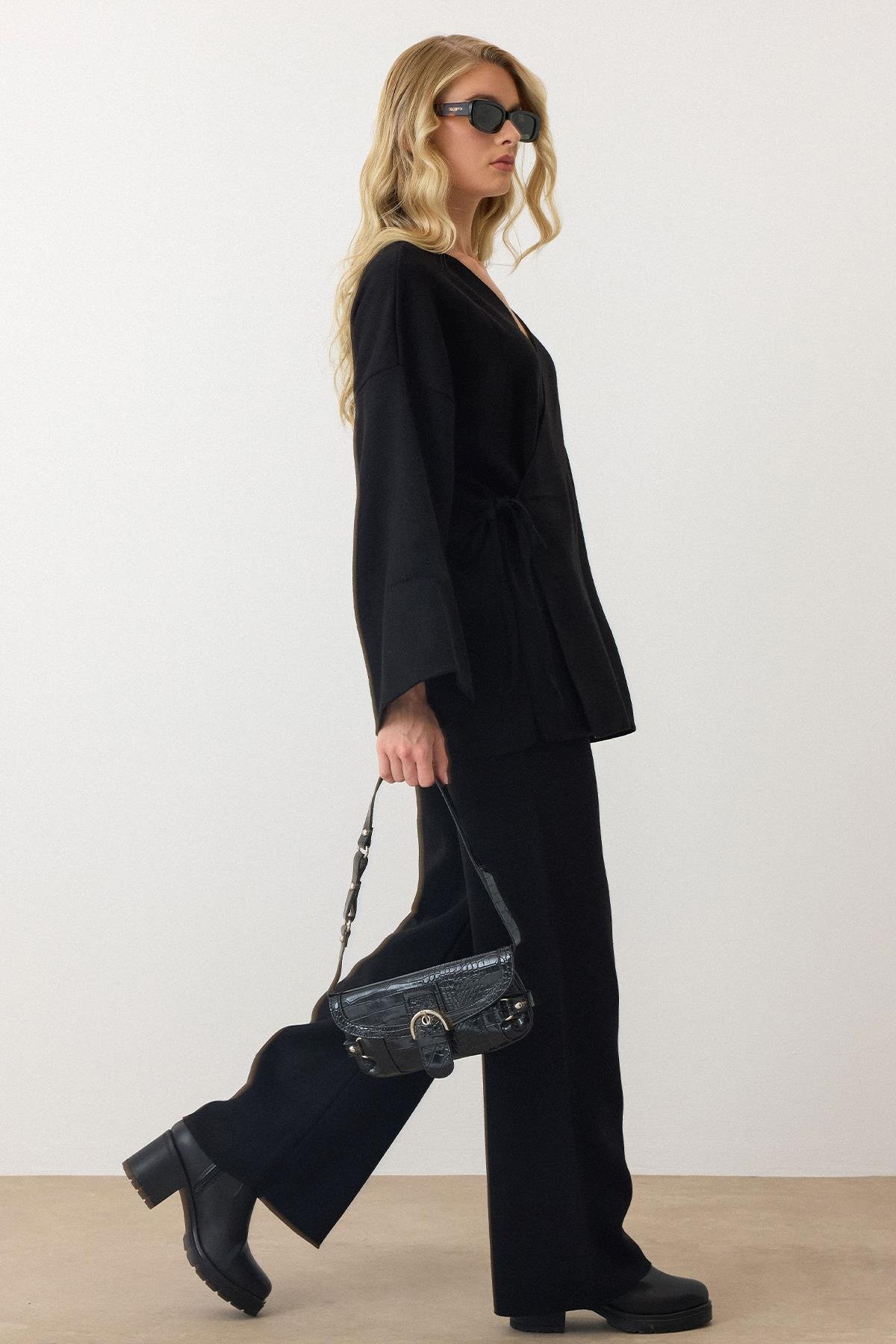 Lace-Up Kimono Trouser Knitwear Set BLACK 9364-TK