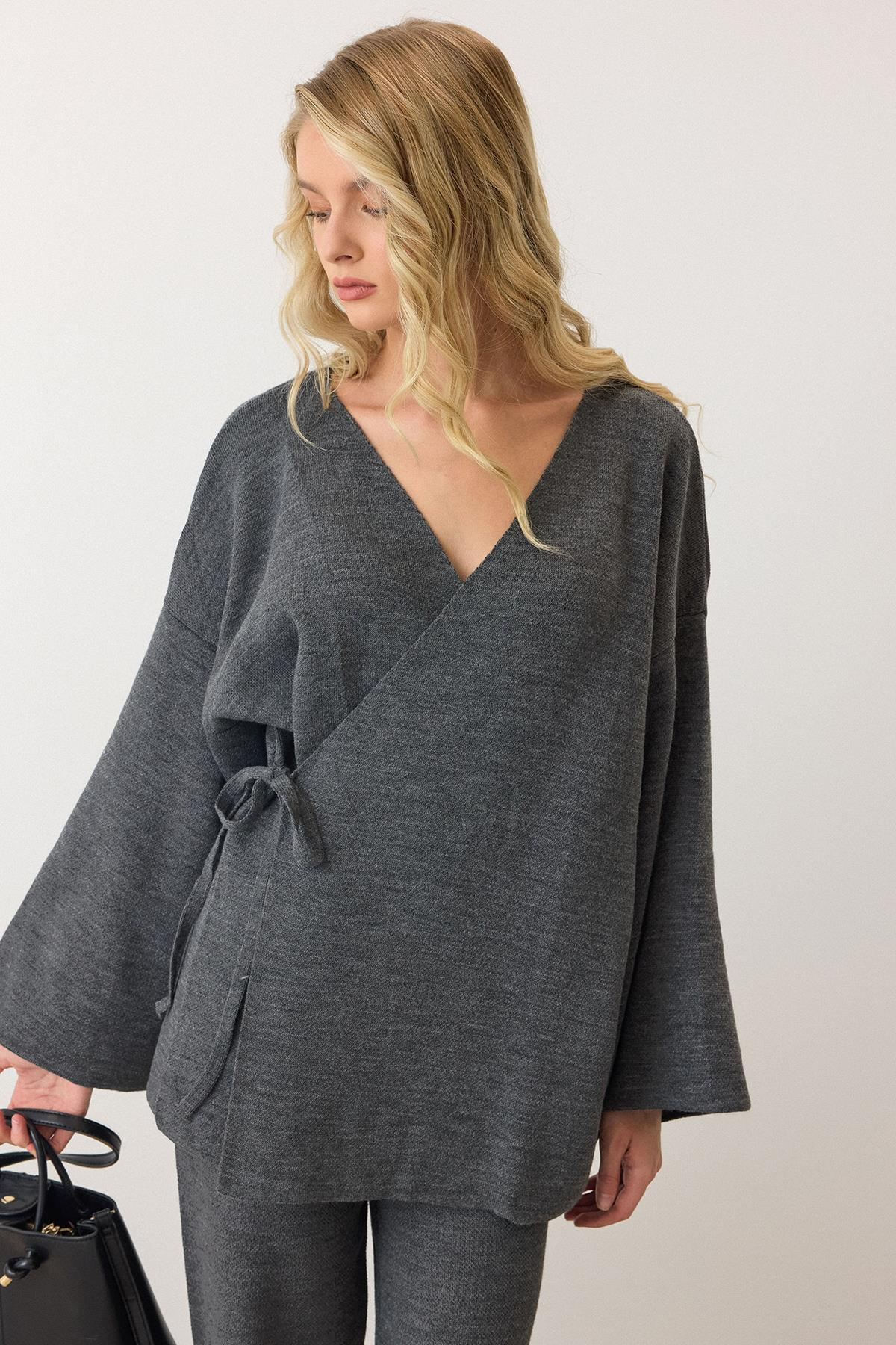 Lace-Up Kimono Trouser Knitwear Set HARD COAL 9364-TK