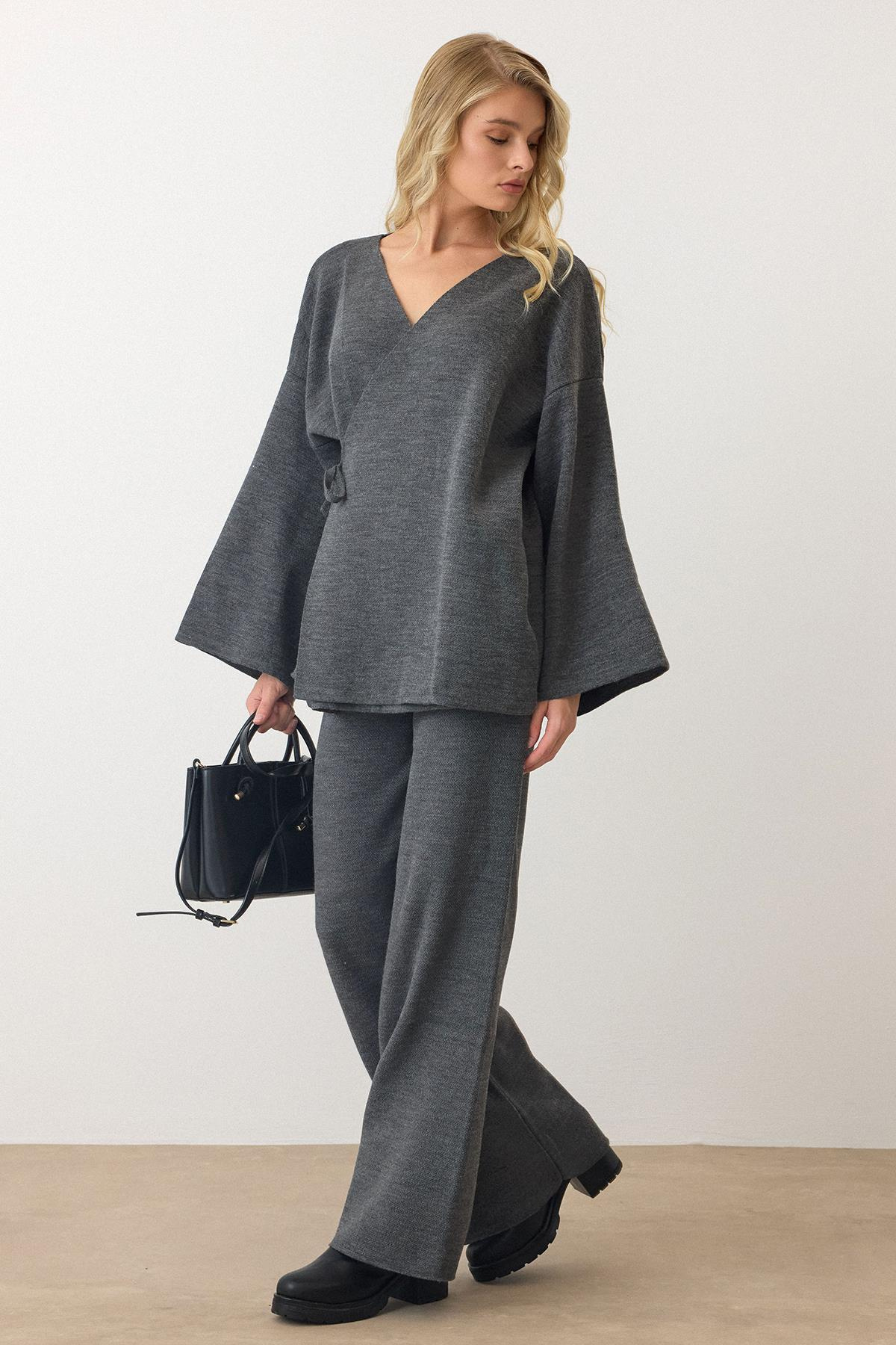 Lace-Up Kimono Trouser Knitwear Set HARD COAL 9364-TK