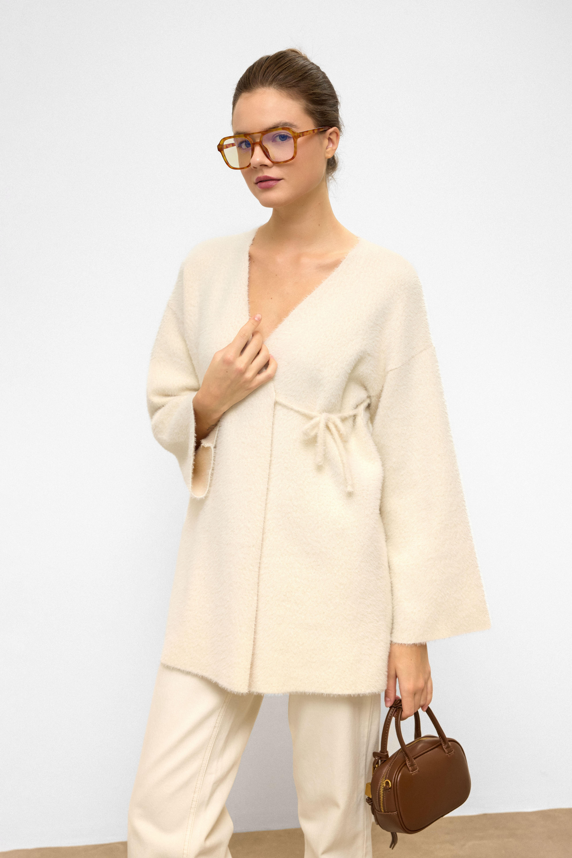 Soft Knit Cardigan with Lace Closure IVORY 8269