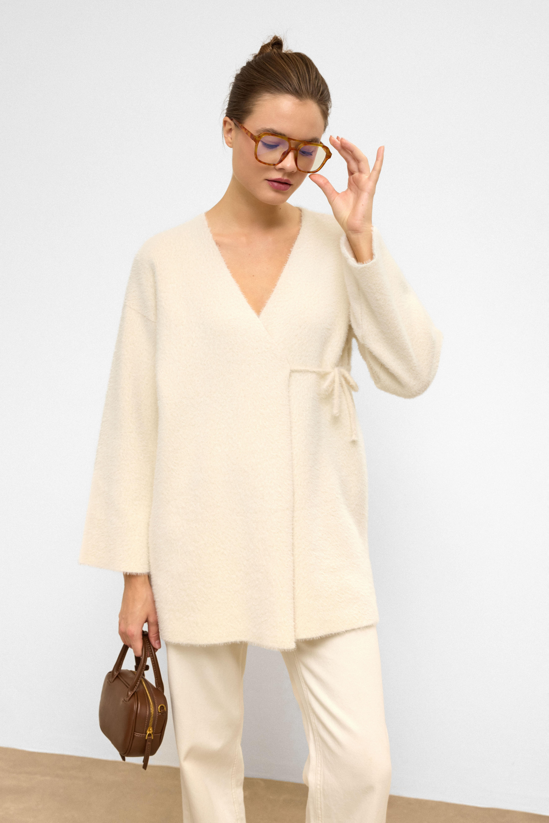 Soft Knit Cardigan with Lace Closure IVORY 8269