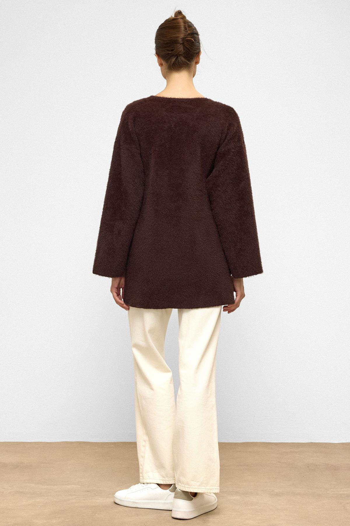 Soft Knit Cardigan with Lace Closure COFFEE 8269