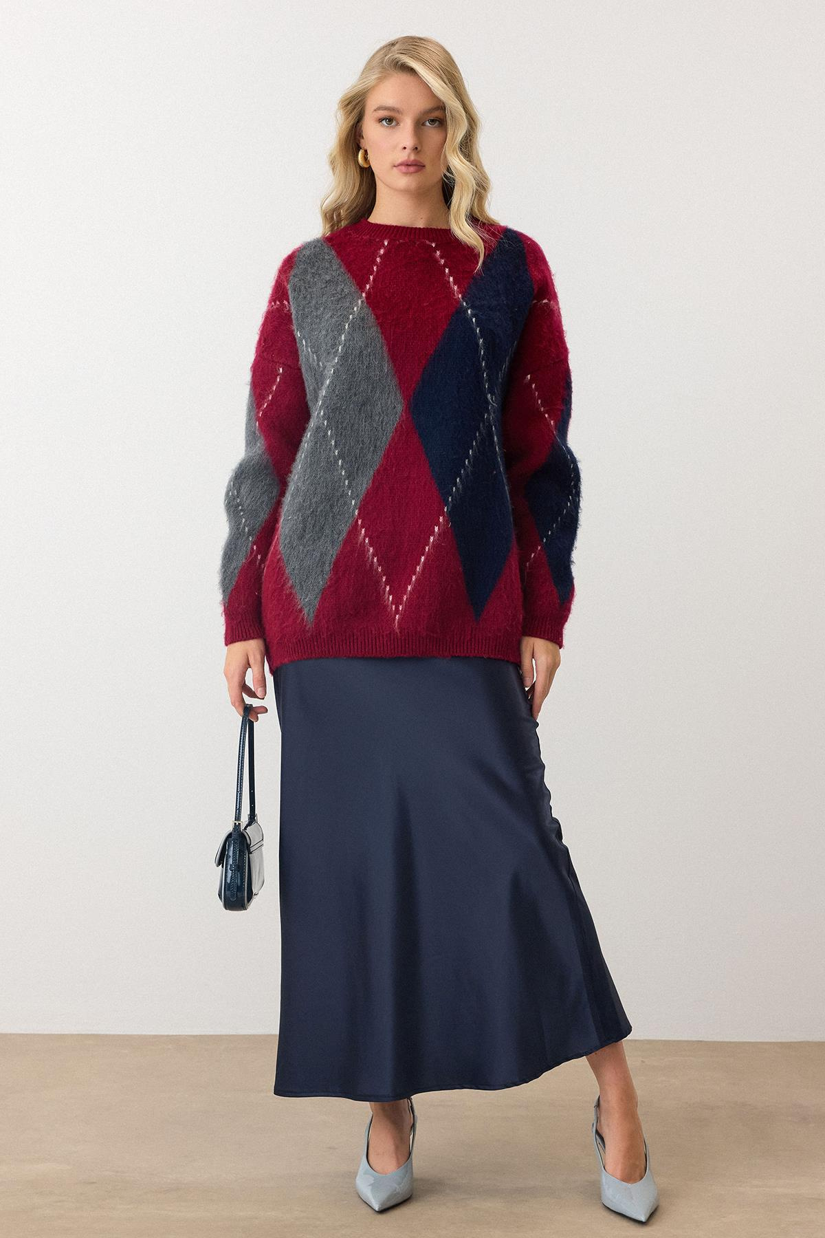 Baklava Desen Oversize Triko Kazak BORDO 8272