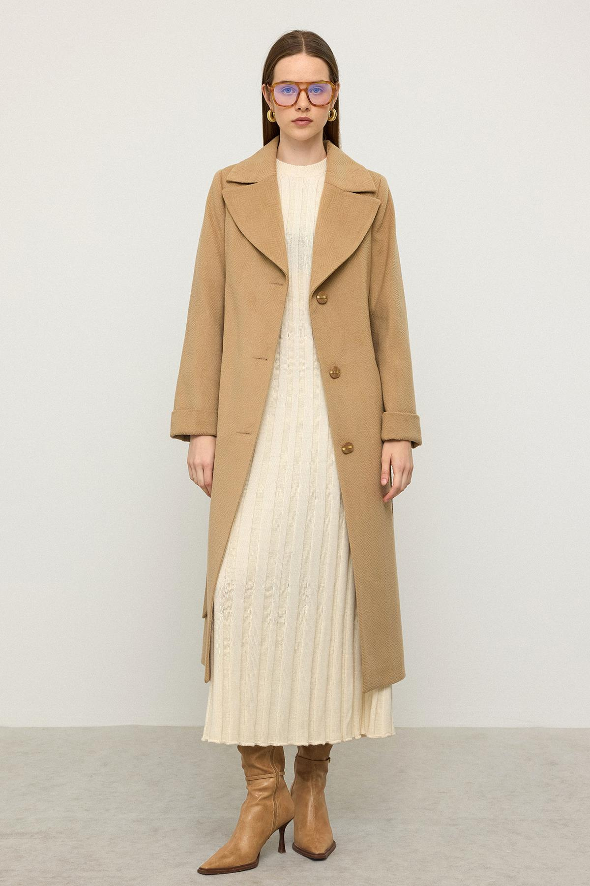 Herringbone Jacquard Patterned Waist-Tied Limited Edition Coat CAMEL 3136