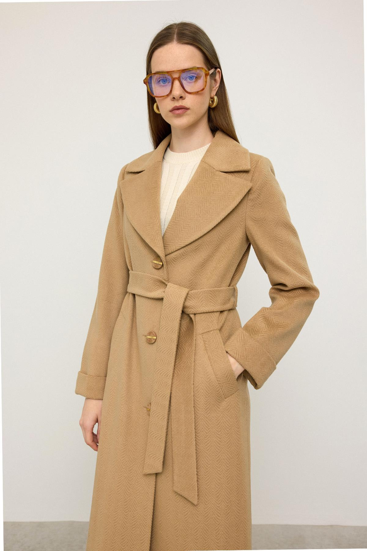 Herringbone Jacquard Patterned Waist-Tied Limited Edition Coat CAMEL 3136