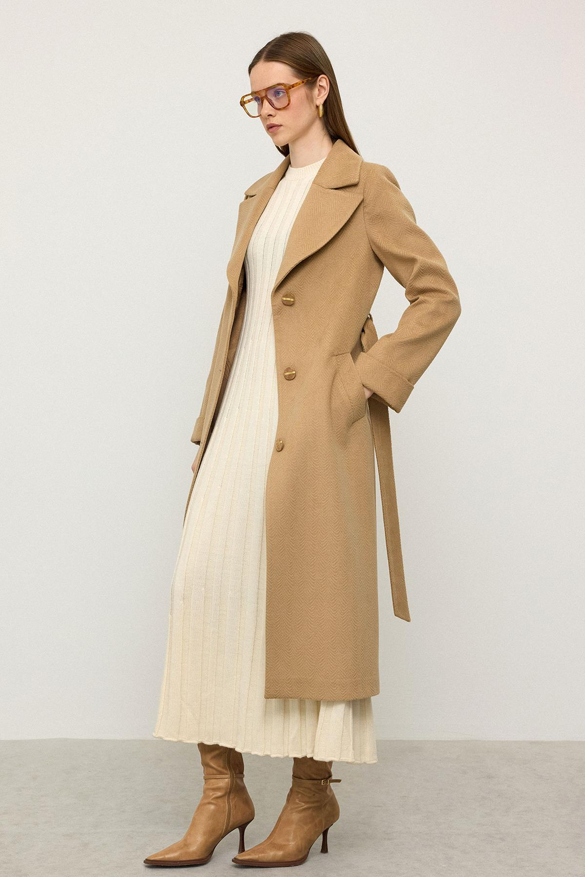 Herringbone Jacquard Patterned Waist-Tied Limited Edition Coat CAMEL 3136