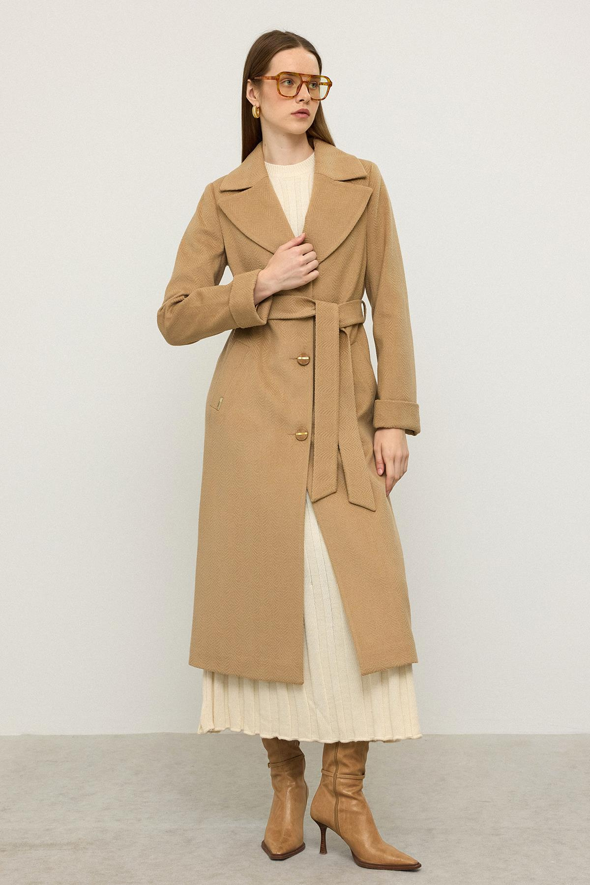 Herringbone Jacquard Patterned Waist-Tied Limited Edition Coat CAMEL 3136