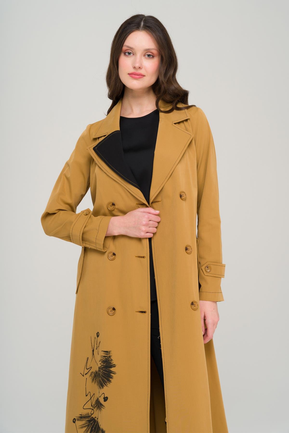 Printed and Stone Detailed Garnished Unlined Trench Coat CAMEL 6694
