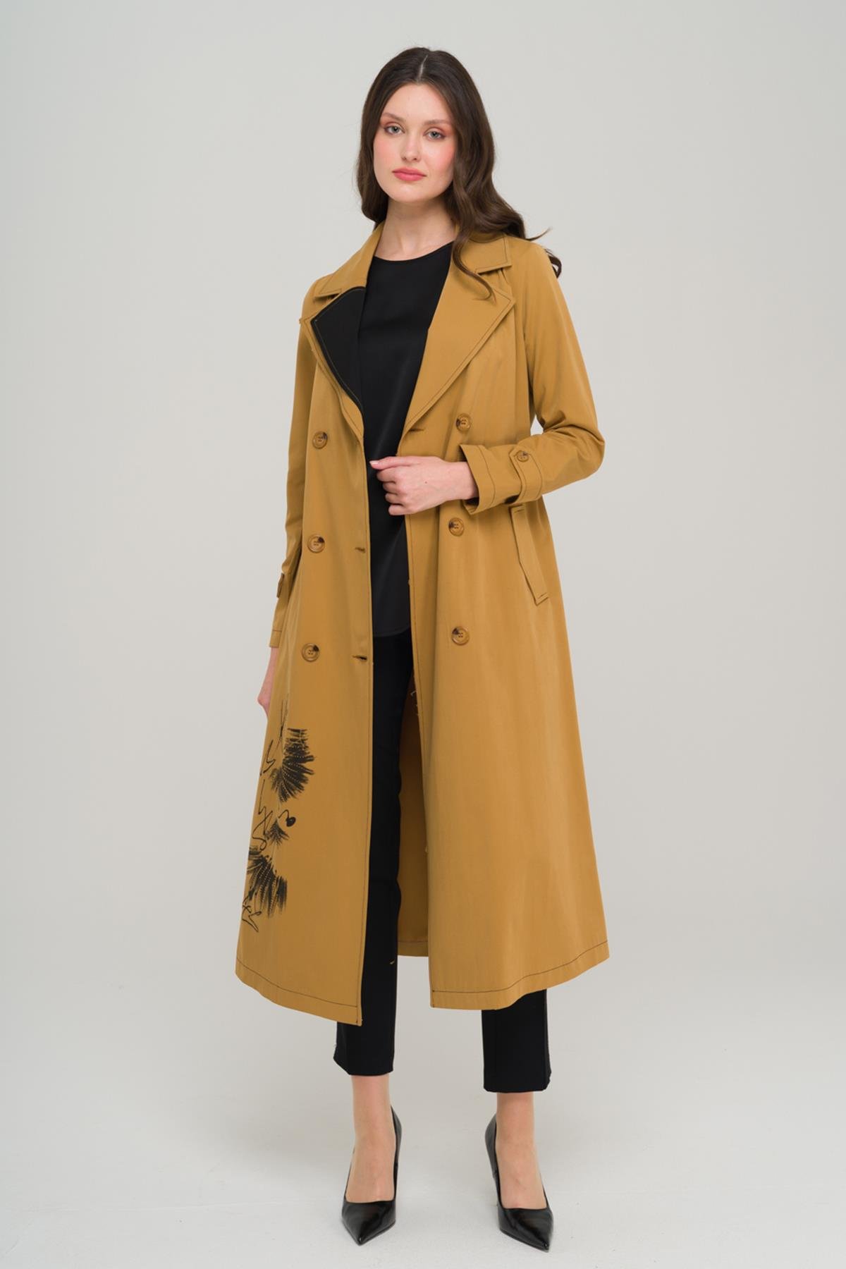 Printed and Stone Detailed Garnished Unlined Trench Coat CAMEL 6694