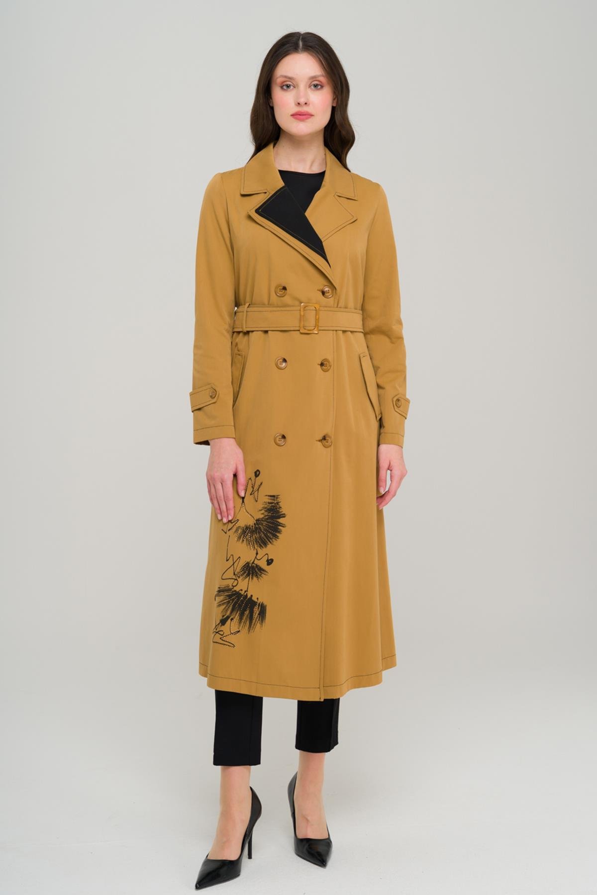 Printed and Stone Detailed Garnished Unlined Trench Coat CAMEL 6694