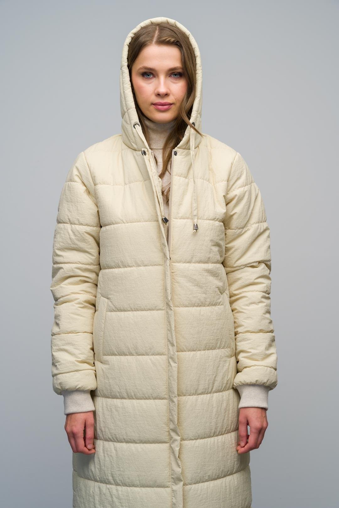 Long Quilted Coat with Hooded Ribbed Sleeves and Zipper Closure IVORY 6626