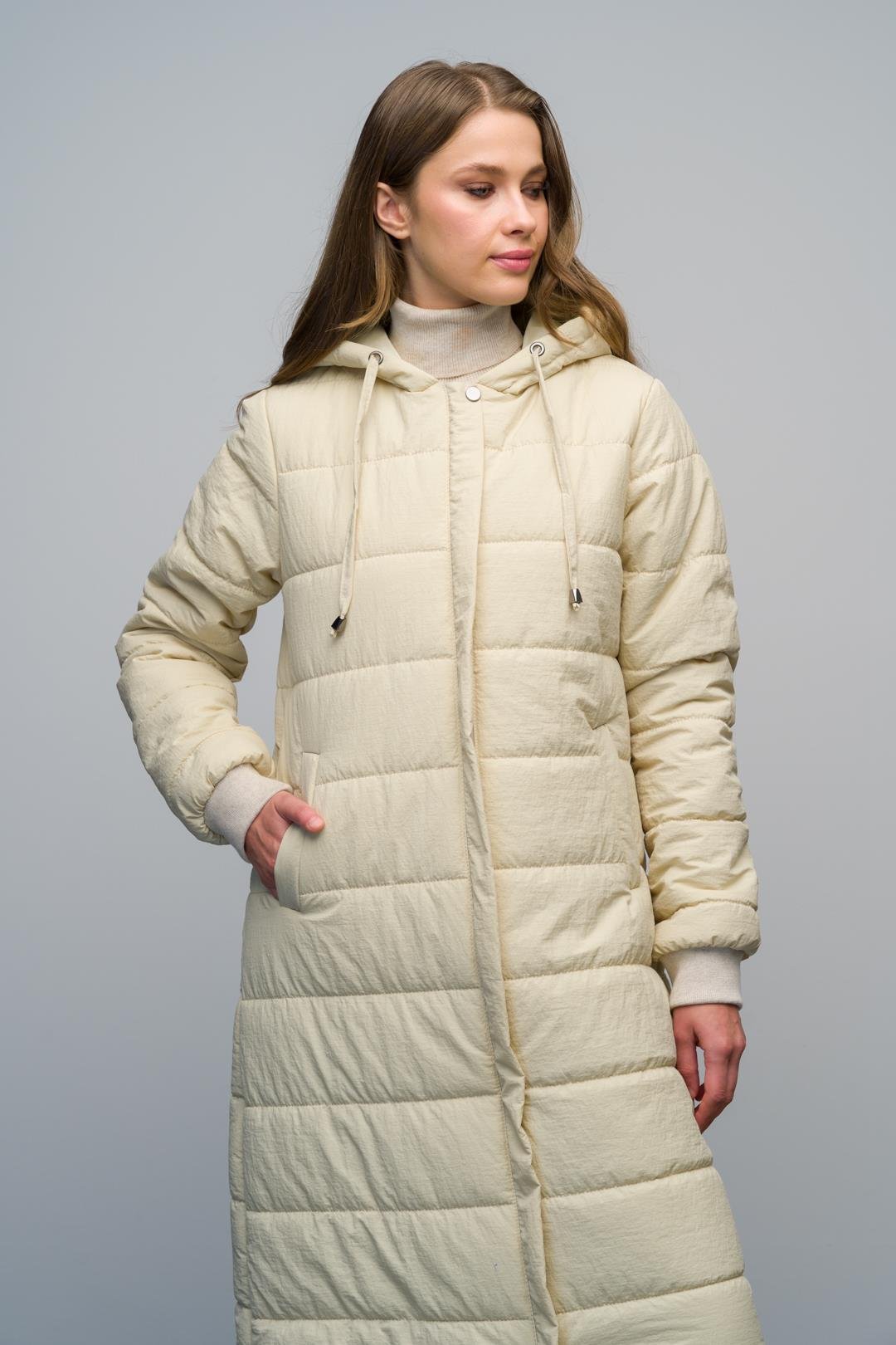 Long Quilted Coat with Hooded Ribbed Sleeves and Zipper Closure IVORY 6626