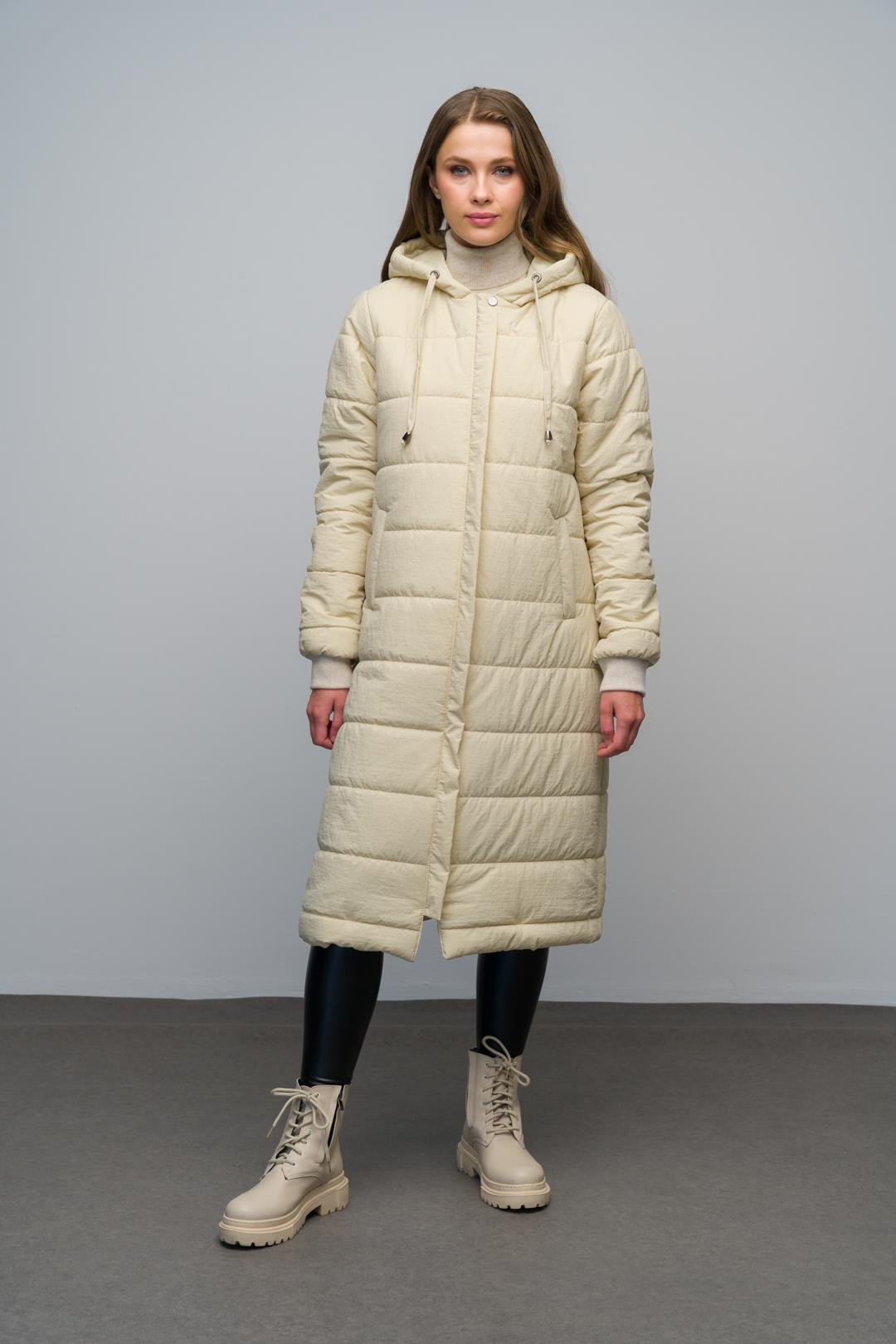 Long Quilted Coat with Hooded Ribbed Sleeves and Zipper Closure IVORY 6626